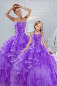 Delicate Organza Sweetheart Sleeveless Lace Up Beading and Ruffled Layers Quinceanera Gowns in Lavender