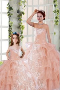 Fitting Strapless Sleeveless Sweet 16 Quinceanera Dress Floor Length Beading and Ruffled Layers and Ruching Peach Organza