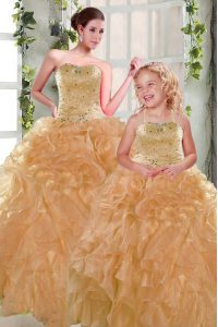 Eye-catching Orange Ball Gowns Organza Strapless Sleeveless Beading and Ruffles Floor Length Lace Up Quince Ball Gowns