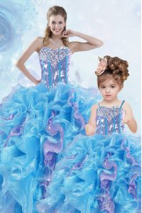 Ideal Sleeveless Beading and Ruffles and Sequins Lace Up Quince Ball Gowns