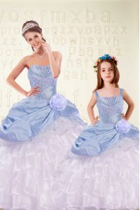 Exceptional Light Blue Sleeveless Beading and Ruffled Layers and Hand Made Flower Floor Length Quinceanera Gown