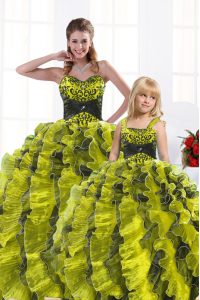 Simple Yellow Green Sleeveless Beading and Appliques and Ruffles Floor Length Vestidos de Quinceanera