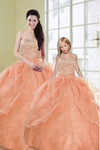 Orange Ball Gowns Beading and Sequins Quinceanera Dresses Lace Up Organza Sleeveless Floor Length