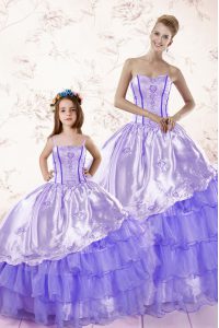 Sleeveless Floor Length Embroidery and Ruffled Layers Lace Up Sweet 16 Dress with Lavender