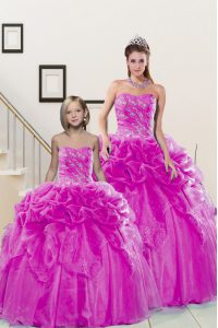Smart Sleeveless Organza Floor Length Lace Up Quinceanera Dresses in Fuchsia with Beading and Pick Ups