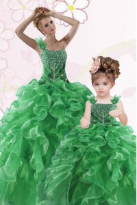 Green Sweet 16 Dress Military Ball and Sweet 16 and Quinceanera and For with Beading and Ruffles One Shoulder Sleeveless Lace Up