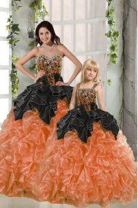 Unique Orange Red Ball Gowns Sweetheart Sleeveless Organza Floor Length Lace Up Beading and Ruffles Quince Ball Gowns