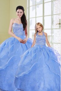 Noble Light Blue Ball Gowns Beading Quinceanera Gown Lace Up Organza Sleeveless Floor Length