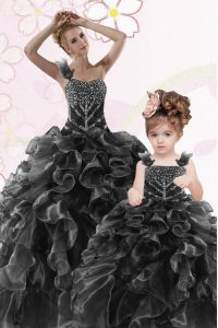 One Shoulder Sleeveless Quince Ball Gowns Floor Length Beading and Ruffles Black Organza