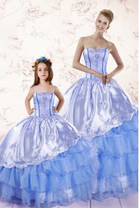 Ruffled Baby Blue Sleeveless Organza Lace Up Ball Gown Prom Dress for Military Ball and Sweet 16 and Quinceanera