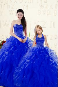 Royal Blue Sleeveless Floor Length Beading and Ruffles Lace Up Sweet 16 Dress