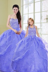 Delicate Floor Length Lace Up Quinceanera Dresses Lavender for Military Ball and Sweet 16 and Quinceanera with Beading
