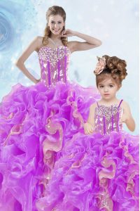Top Selling Sleeveless Floor Length Beading and Ruffles and Sequins Lace Up Quince Ball Gowns with Multi-color