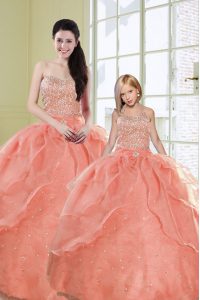 Flirting Watermelon Red Organza Lace Up Quinceanera Gowns Sleeveless Floor Length Beading and Sequins