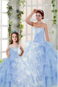 Ruffled Floor Length Ball Gowns Sleeveless Blue Quinceanera Dresses Lace Up