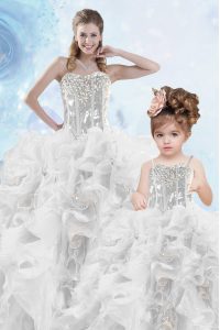 Sleeveless Organza Floor Length Lace Up Sweet 16 Dress in Silver with Beading and Ruffles and Sequins