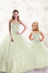 Most Popular Sleeveless Floor Length Beading Lace Up 15 Quinceanera Dress with Yellow Green
