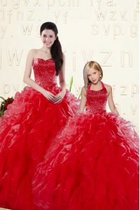 Spectacular Sweetheart Sleeveless Lace Up Vestidos de Quinceanera Coral Red Organza