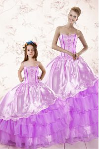 Classical Lilac 15th Birthday Dress Military Ball and Sweet 16 and Quinceanera and For with Embroidery and Ruffled Layers Sweetheart Sleeveless Lace Up