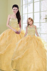Gold Ball Gowns Sweetheart Sleeveless Organza Floor Length Lace Up Beading and Sequins Sweet 16 Dresses