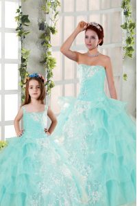 Aqua Blue Lace Up Vestidos de Quinceanera Beading and Ruffled Layers and Ruching Sleeveless Floor Length