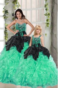 Super Sweetheart Sleeveless Quince Ball Gowns Floor Length Beading and Ruffles Apple Green Organza
