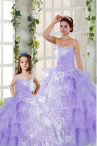 Lavender Sweet 16 Quinceanera Dress Military Ball and Sweet 16 and Quinceanera and For with Embroidery and Ruffled Layers Strapless Sleeveless Lace Up