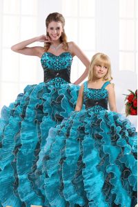 Comfortable Aqua Blue Sweetheart Lace Up Beading and Appliques and Ruffles Sweet 16 Dresses Sleeveless