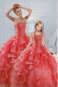 Sleeveless Organza Floor Length Lace Up Quinceanera Gown in Coral Red with Beading and Ruffled Layers