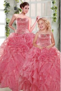 Elegant Rose Pink Organza Lace Up Strapless Sleeveless Floor Length Quinceanera Gowns Beading and Ruffles