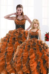 Pretty Orange Sweetheart Lace Up Beading and Appliques and Ruffles Quinceanera Dresses Sleeveless