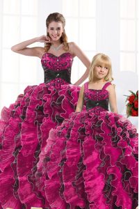 Hot Pink Lace Up Sweetheart Beading and Appliques and Ruffles Quinceanera Gown Organza Sleeveless