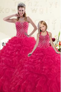 Hot Pink Lace Up Sweetheart Beading and Ruffles Quinceanera Dress Organza Sleeveless