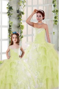 Light Yellow Strapless Neckline Beading and Ruffled Layers and Ruching Quinceanera Dress Sleeveless Lace Up