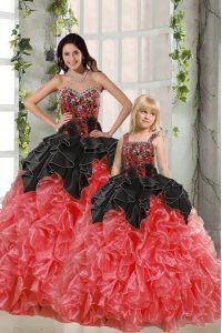 Modern Floor Length Red And Black Sweet 16 Dresses Organza Sleeveless Beading and Ruffles