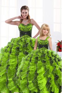 Olive Green Sleeveless Beading and Appliques and Ruffles Floor Length Quinceanera Gowns
