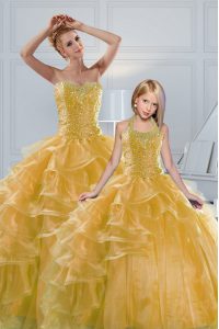 Modest Ruffled Ball Gowns 15 Quinceanera Dress Gold Sweetheart Organza Sleeveless Floor Length Lace Up