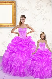 Deluxe Lilac Sweetheart Lace Up Beading and Ruffles and Pick Ups Vestidos de Quinceanera Sleeveless