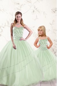 Apple Green Tulle Lace Up Quince Ball Gowns Sleeveless Floor Length Beading