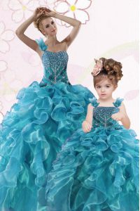 Custom Fit One Shoulder Beading and Ruffles Quinceanera Dress Teal Lace Up Sleeveless Floor Length
