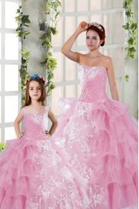 Custom Fit Rose Pink Strapless Neckline Beading and Ruffled Layers and Ruching Ball Gown Prom Dress Sleeveless Lace Up
