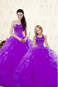 Eggplant Purple Organza Lace Up Quinceanera Dress Sleeveless Floor Length Beading and Ruffles