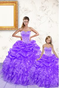 Designer Lavender Lace Up Sweetheart Beading and Ruffles and Pick Ups Ball Gown Prom Dress Organza Sleeveless