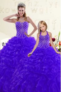 Charming Blue and Purple Organza Lace Up Sweetheart Sleeveless Floor Length Quinceanera Gowns Beading and Ruffles