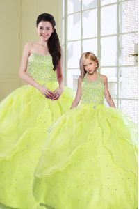 Sleeveless Organza Floor Length Lace Up Quinceanera Gown in Yellow Green with Beading and Sequins