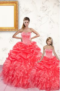 Floor Length Lace Up 15th Birthday Dress Coral Red for Military Ball and Sweet 16 and Quinceanera with Beading and Ruffles and Pick Ups