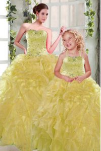 Simple Sleeveless Floor Length Beading and Ruffles Lace Up Sweet 16 Dress with Yellow
