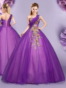 Cheap Floor Length Purple Quince Ball Gowns One Shoulder Sleeveless Lace Up