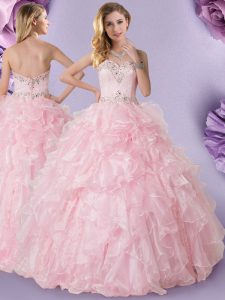 Delicate Baby Pink Organza Lace Up Quinceanera Gowns Sleeveless Floor Length Beading and Ruffles