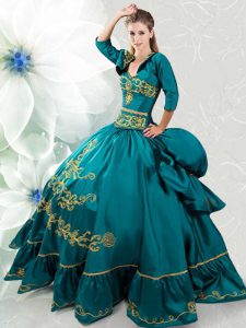 Taffeta Sweetheart Sleeveless Lace Up Beading and Embroidery Ball Gown Prom Dress in Teal